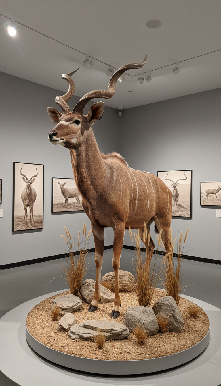 A custom taxidermy mount of an African kudu gazelle, showcased on a pedestal accented with natural elements—sanded earth, faux stones, and tall savannah grass re-creations. The kudu’s spiraled horns, rich brown and white coat, and carefully reconstructed musculature are depicted with photographic clarity, the textures inviting touch. The setting is a modern display gallery with neutral-colored walls and framed wildlife art, softly lit by diffused spotlights overhead. The atmosphere is serene and slightly mysterious, emphasizing both the beauty of the animal and the meticulous attention to lifelike details. Shot at a slight upward angle, the composition accentuates the animal’s grace and grandeur, with a clean, professional, and immersive aesthetic.